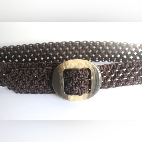 Vintage Wide Woven Brown Belt with Faux Horn Buckle, Adjustable Wrap Macrame - Picture 1 of 6